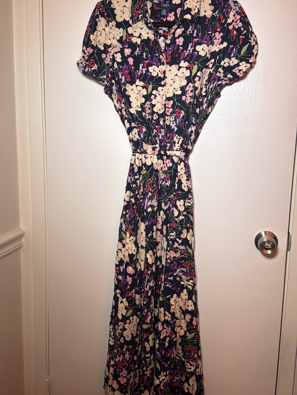 CHAPS Navy Floral Maxi Dress with Belt Large